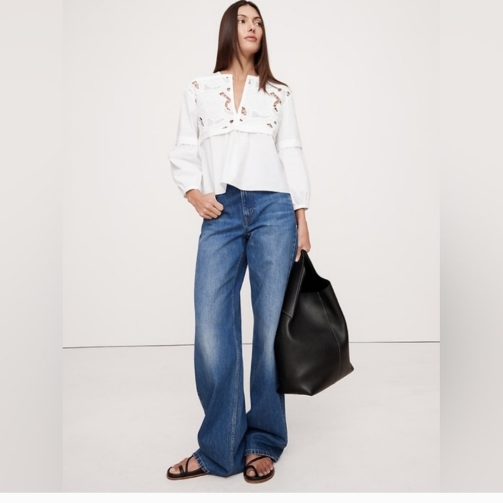 Banana Republic Embroidered Cotton Poplin Popover Top White